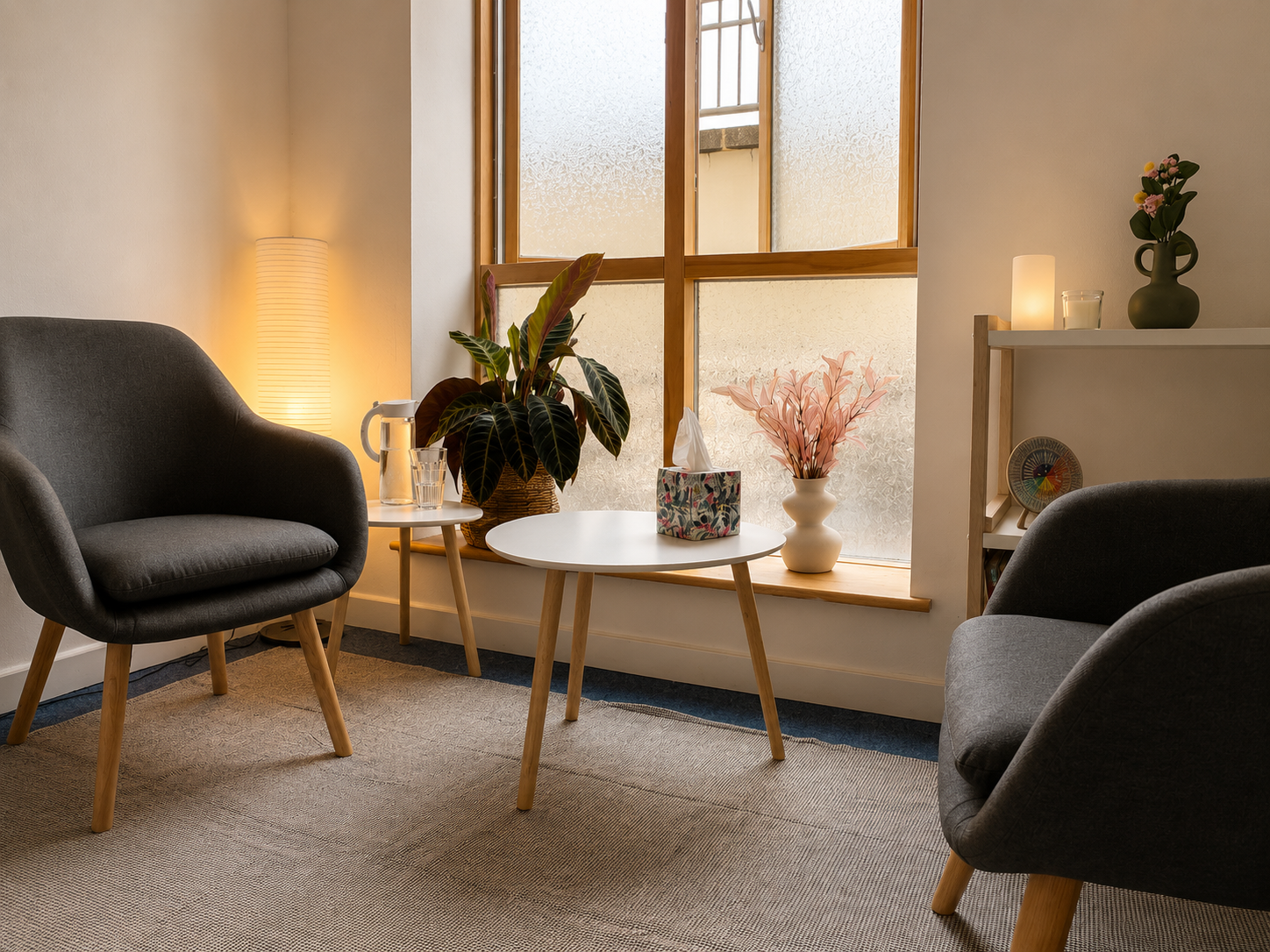 Therapy room at Atvira Psychotherapy in Swords, Dublin, offering support for eating disorders, body image concerns, emotional wellbeing, and emotional regulation.